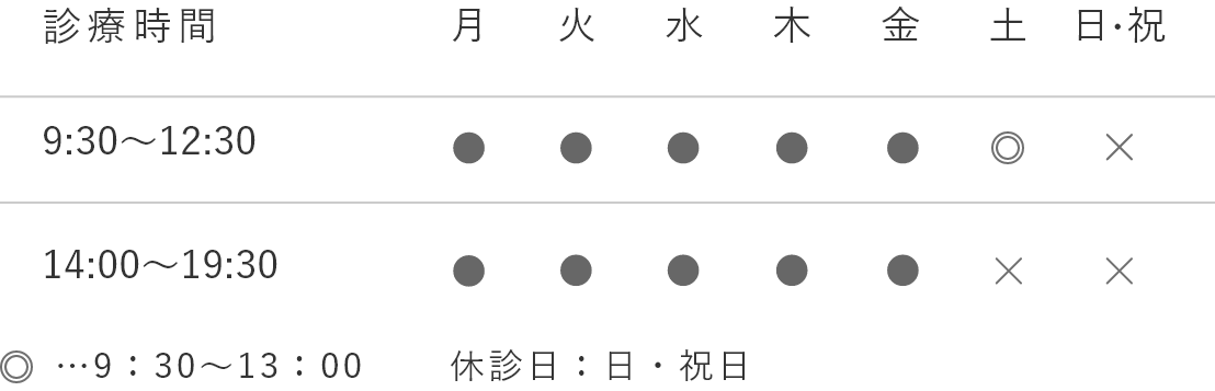 診療時間：月～金曜日9:30～12:30／14:00～19:30・土曜9:30～12:30・日曜祝日は休診